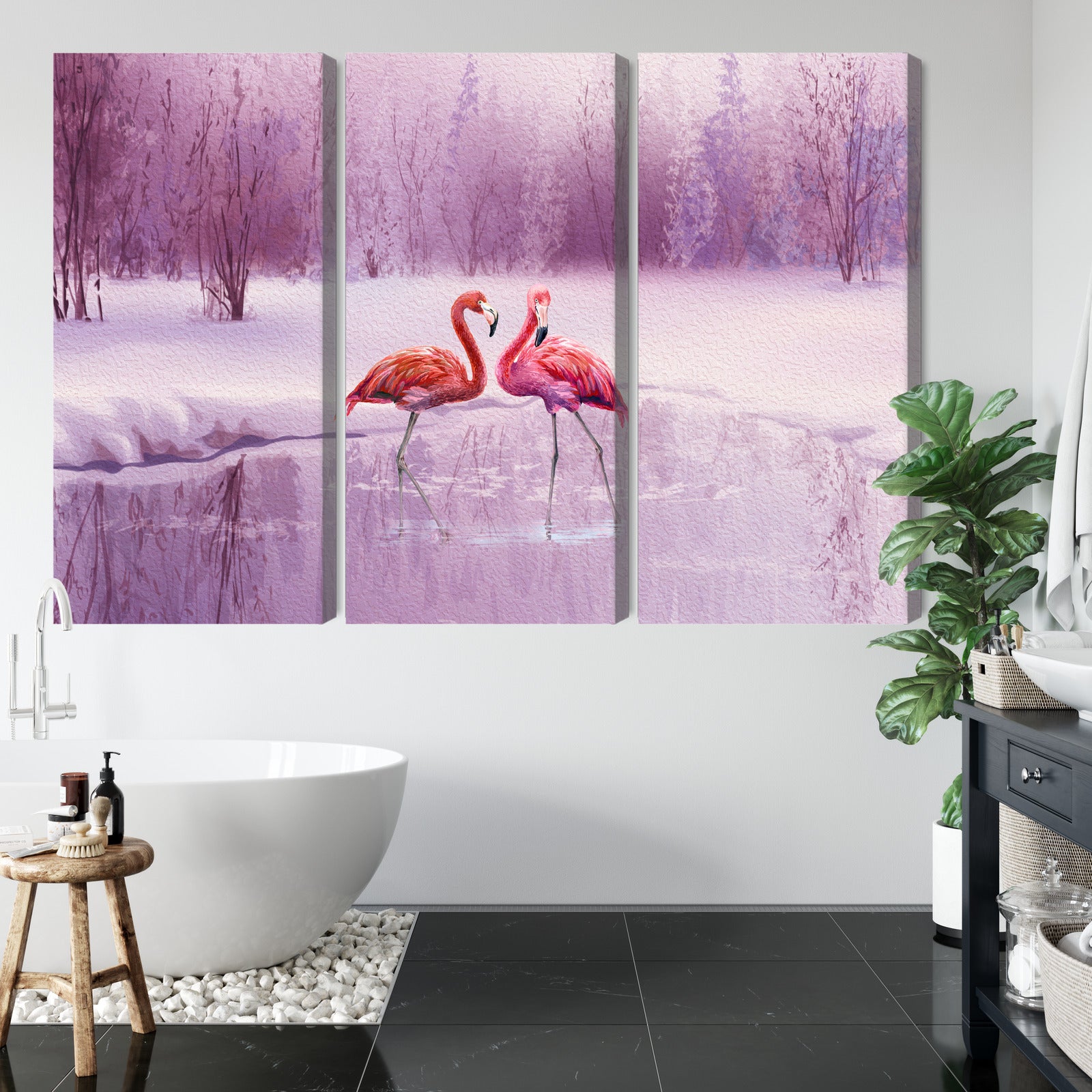 Obraz Wieloczęściowy Flamingi w Fiolecie – egzotyczna panorama do wnętrz Boho, Nowoczesnych, Eklektycznych – widok 4