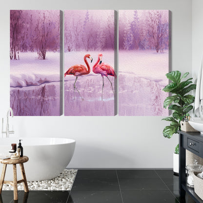 Obraz Wieloczęściowy Flamingi w Fiolecie – egzotyczna panorama do wnętrz Boho, Nowoczesnych, Eklektycznych – widok 4
