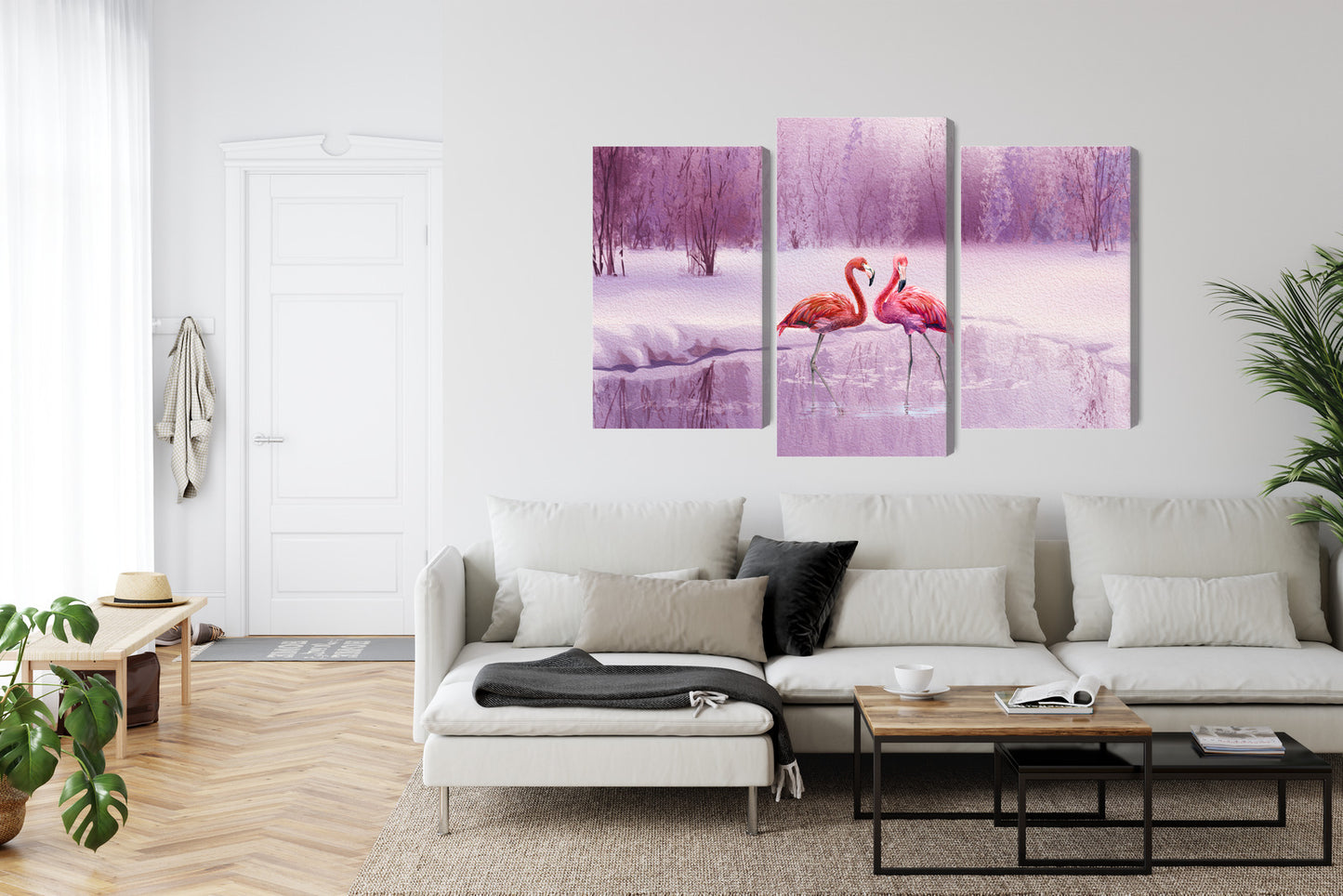 Obraz Wieloczęściowy Flamingi – egzotyczna panorama do wnętrz nowoczesnych, glamour i art deco – widok 5