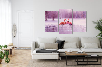 Obraz Wieloczęściowy Flamingi – egzotyczna panorama do wnętrz nowoczesnych, glamour i art deco – widok 5