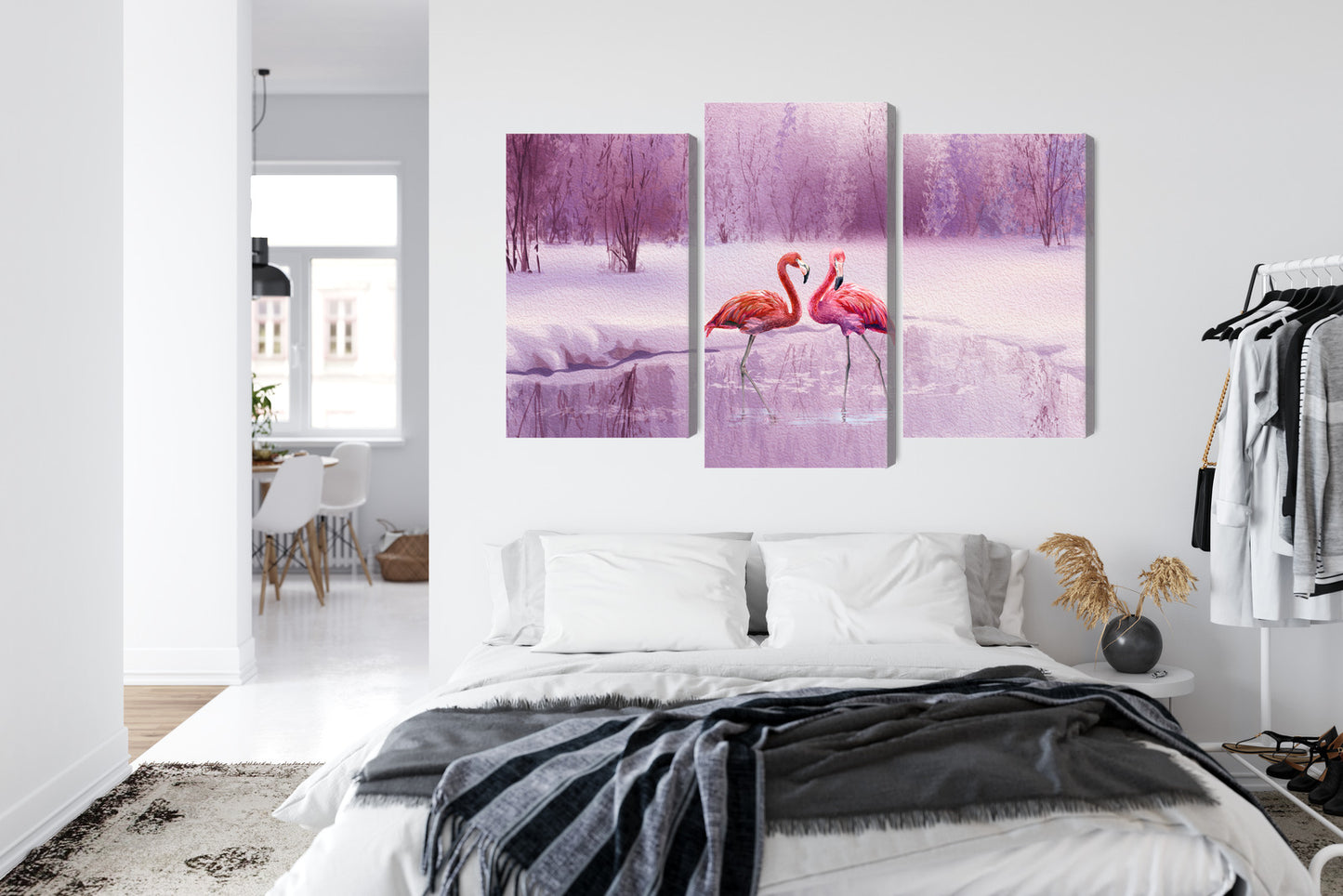 Obraz Wieloczęściowy Flamingi – egzotyczna panorama do wnętrz nowoczesnych, glamour i art deco – widok 6