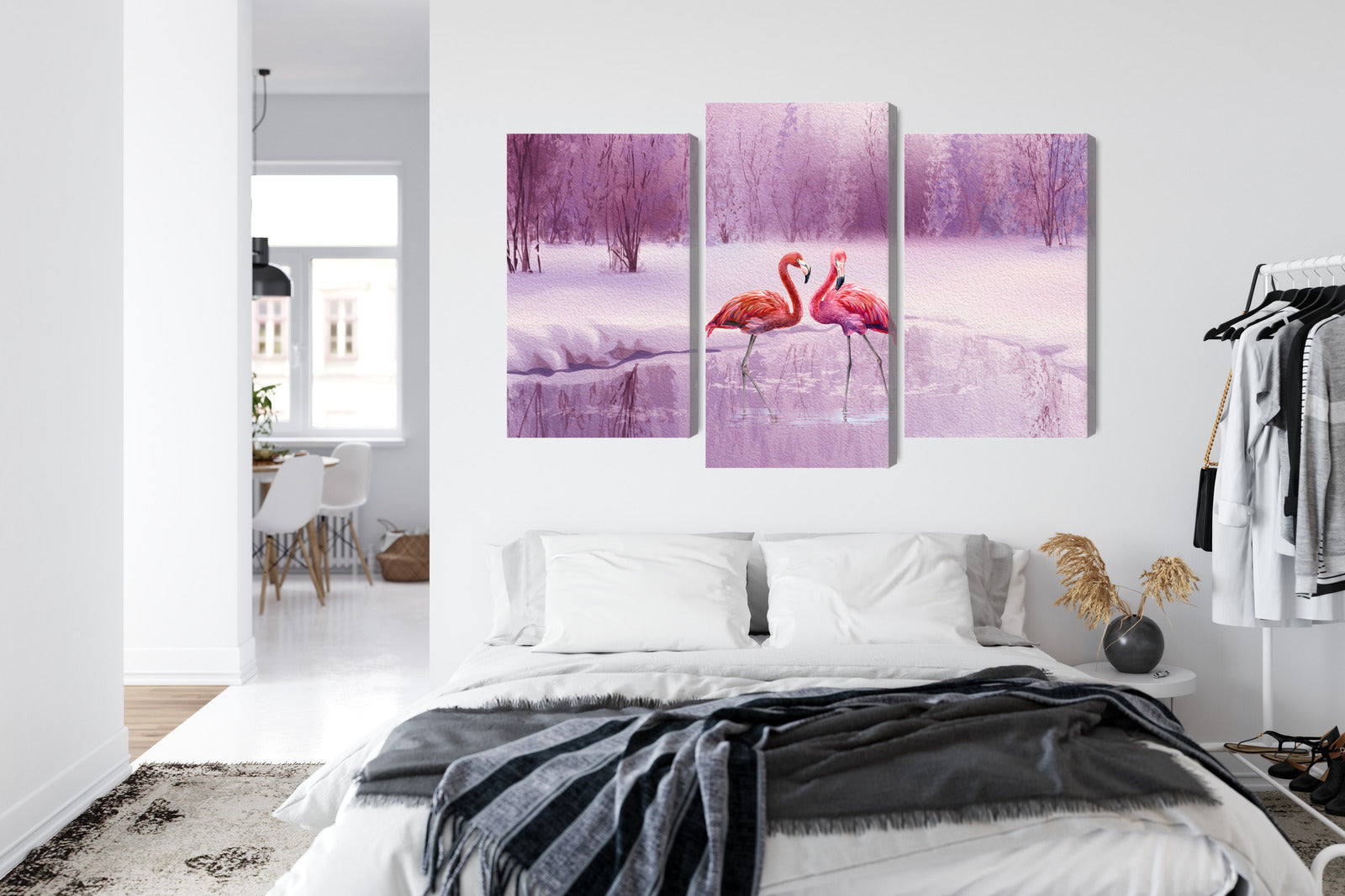 Obraz Wieloczęściowy Flamingi – egzotyczna panorama do wnętrz nowoczesnych, glamour i art deco – widok 6