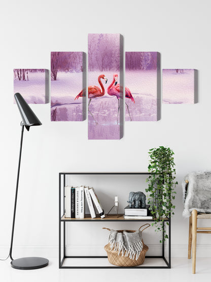 Obraz Wieloczęściowy Flamingi w Fioletowym Krajobrazie – egzotyczny szyk do wnętrz Boho, Glamour i Eklektycznych – widok 8