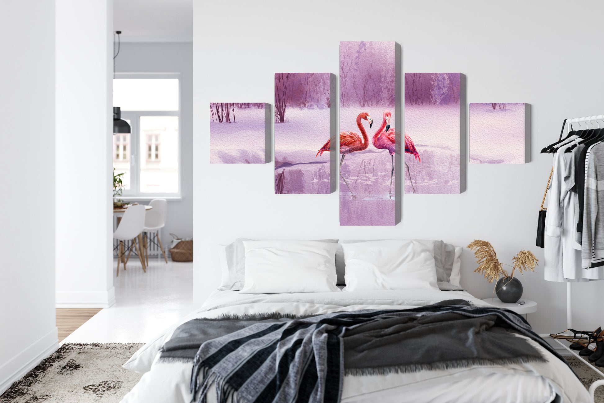 Obraz Wieloczęściowy Flamingi w Fioletowym Krajobrazie – egzotyczny szyk do wnętrz Boho, Glamour i Eklektycznych – widok 6
