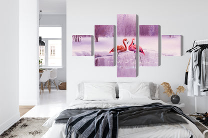 Obraz Wieloczęściowy Flamingi w Fioletowym Krajobrazie – egzotyczny szyk do wnętrz Boho, Glamour i Eklektycznych – widok 6