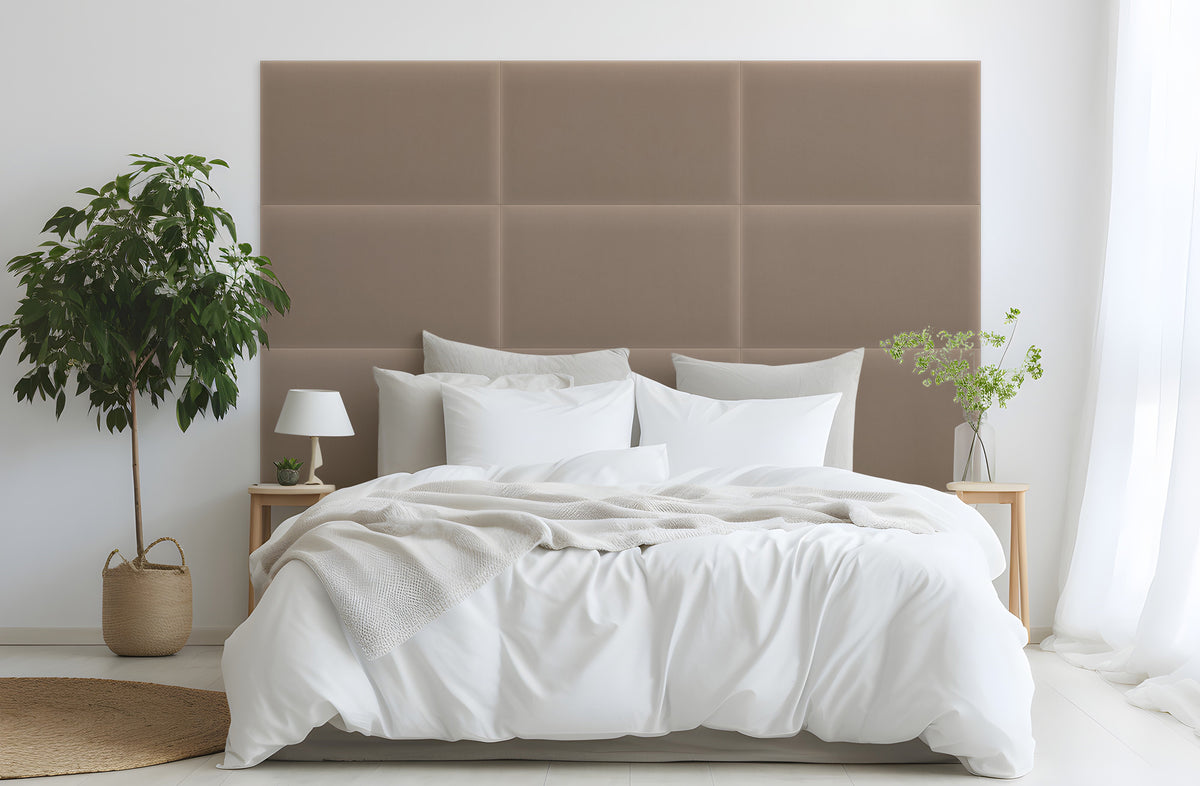 beżowy panel tapicerowany prostokąt 50x15 cm - aranżacja ściany w sypialni, tkanina Magic Velvet