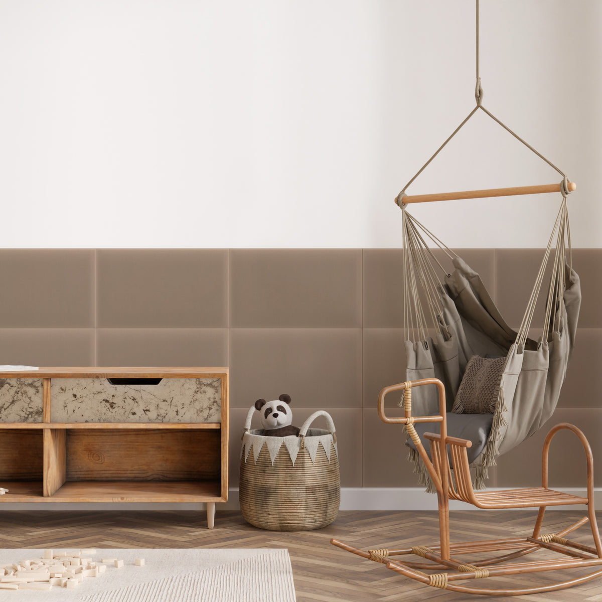 beżowy panel tapicerowany prostokąt 70x15 cm - aranżacja ściany w sypialni, tkanina Magic Velvet