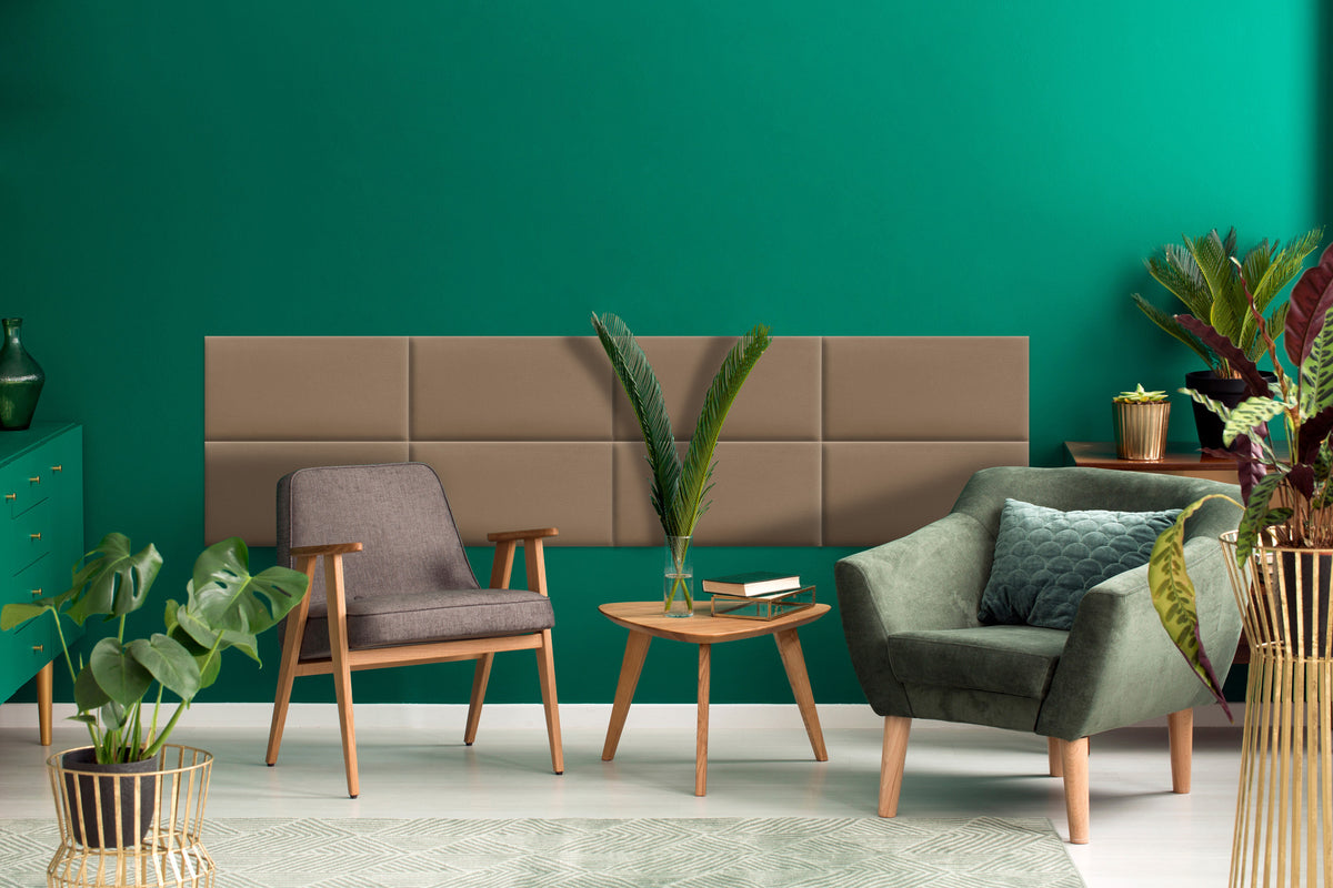 beżowy panel tapicerowany prostokąt 90x15 cm - aranżacja ściany w sypialni, tkanina Welur